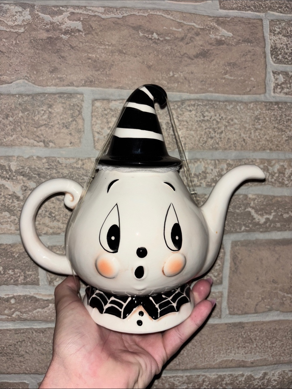 Johanna Parker Whimsical Ghost Teapot Ceramic Figurine - Cream and Black